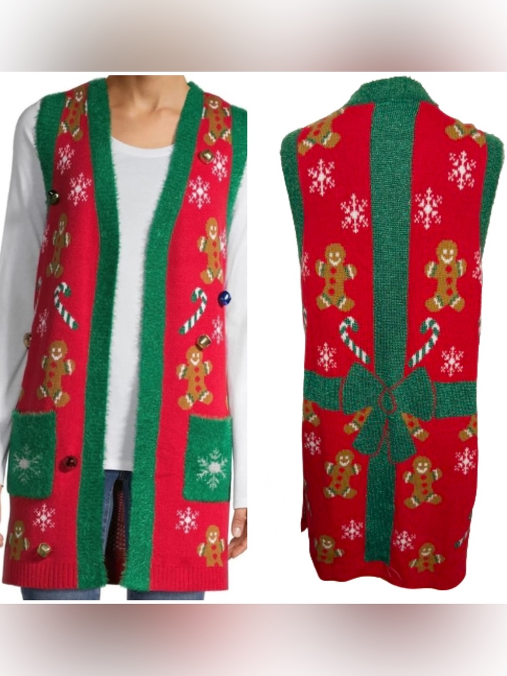 Holiday Time Red & Green Gingerbread Jingle Bells Vest Cardigan - M (8/10)